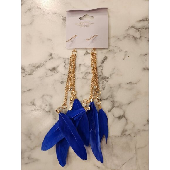 Chloe Accessory Blue Feather & Gold Tone Chain Dangle Earrings - Picture 1 of 5